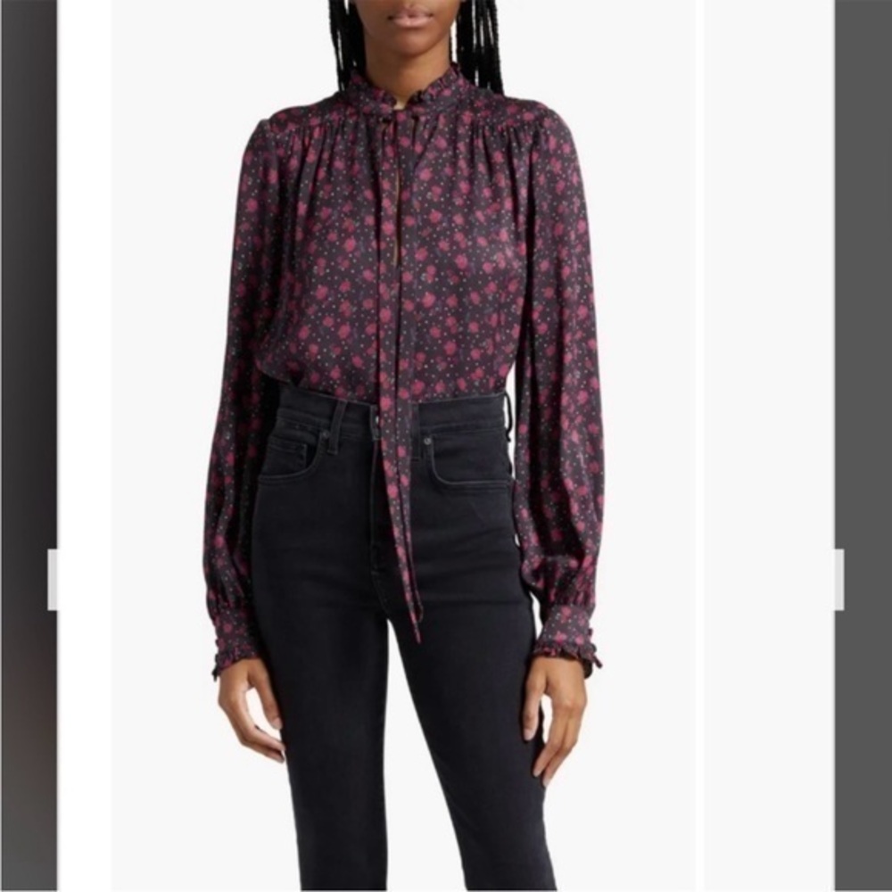 Veronica Beard Louama Floral Blouse Tie-neck in Black Multi